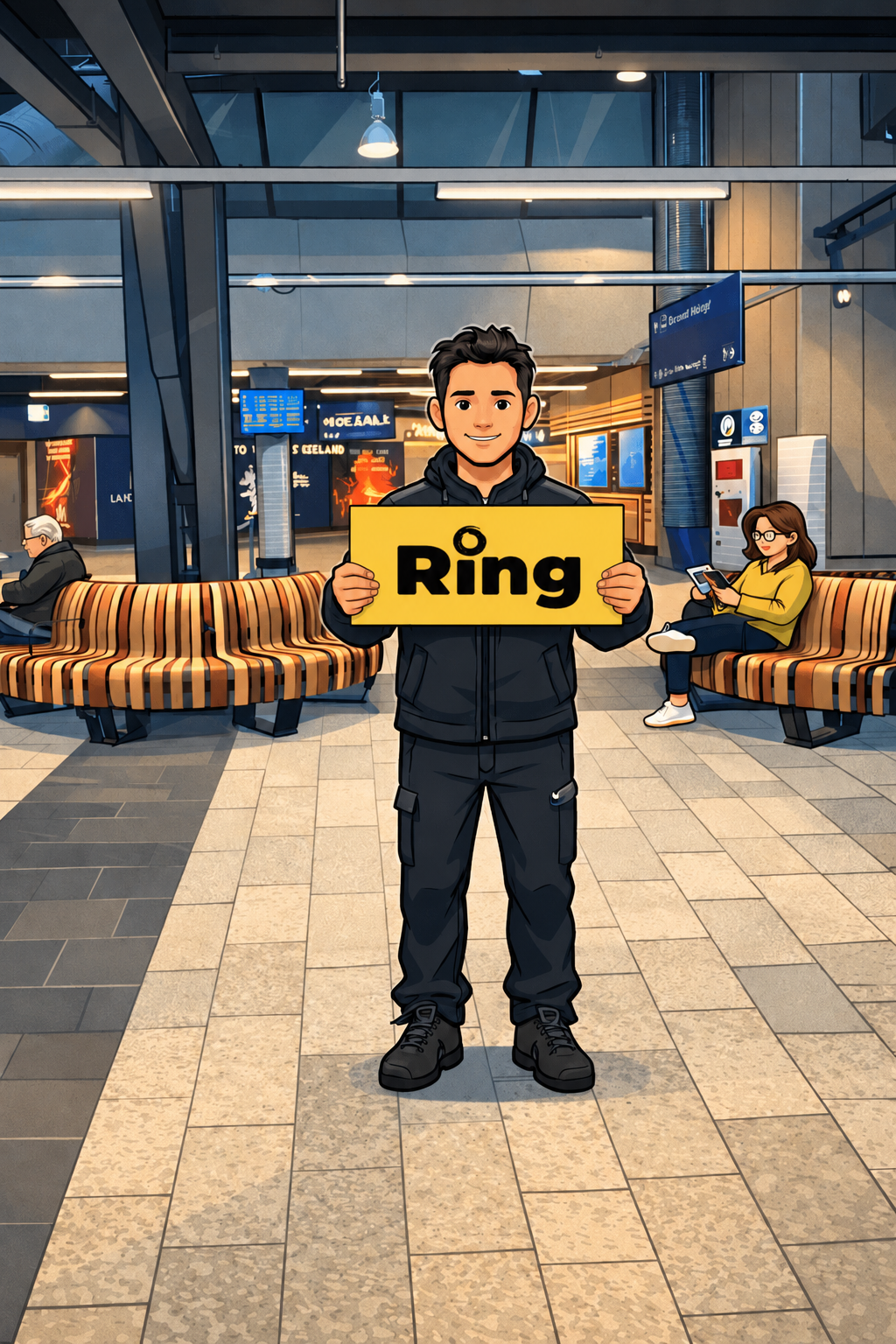 Ring Rental airport shuttle representative holding a Ring sign